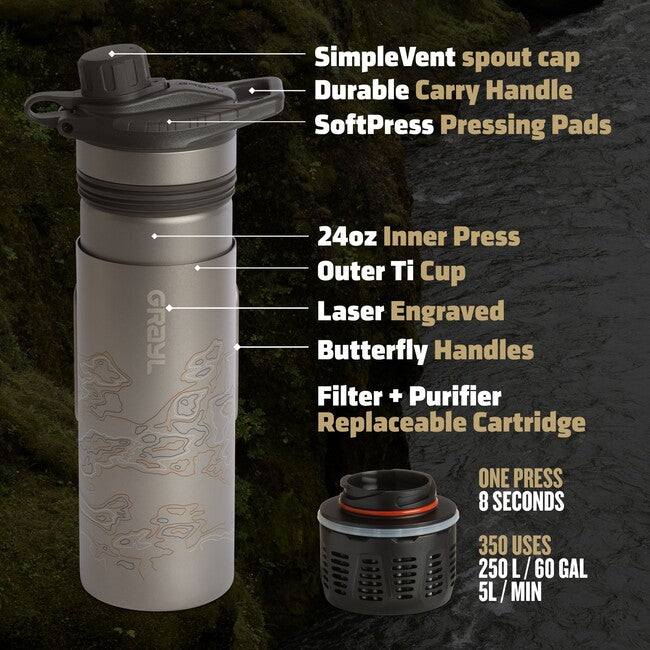 GRAYL GeoPress™ Titanium Purifier sticlă de filtrare + capac de gătit, Covert Black