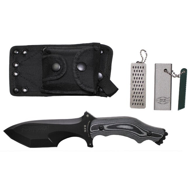 MFH Operation Scorpion cuțit, negru, mâner Micarta, cu teacă