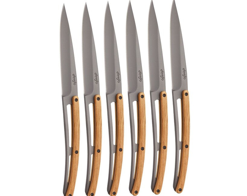 Deejo Table set 6 cuțite, titan gri, lemn de măslin