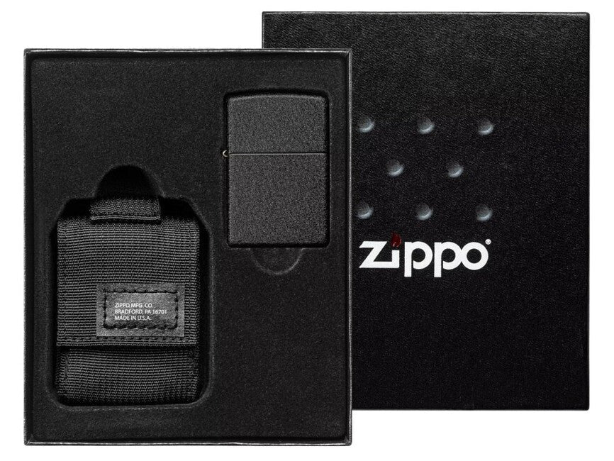Zippo Black Crackle set husă tactică + brichetă, negru