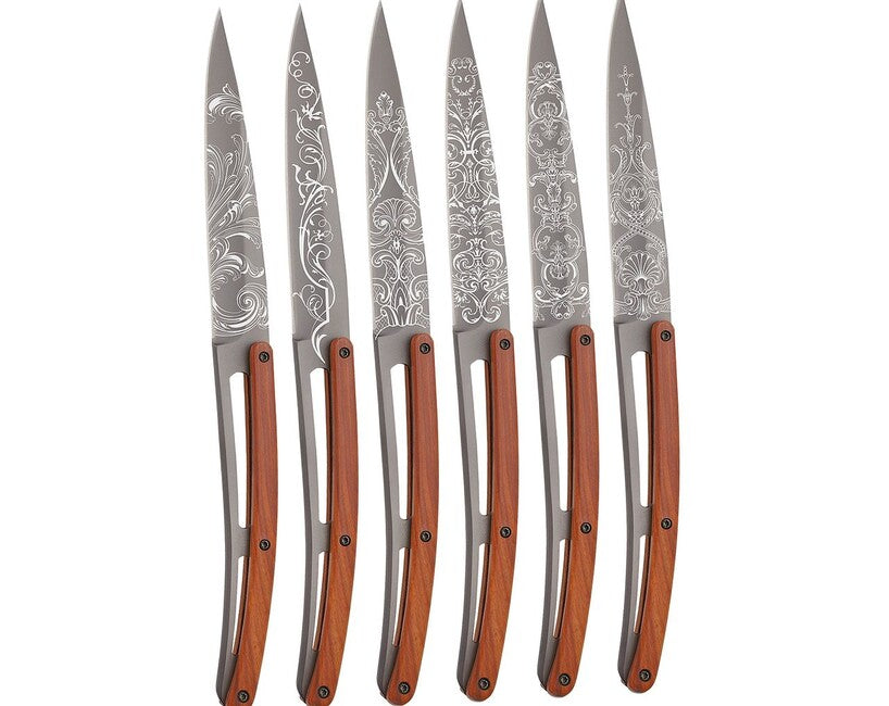 Deejo Tattoo Grand Siecle set cuțite de friptură coralwood suprafață gri deschis