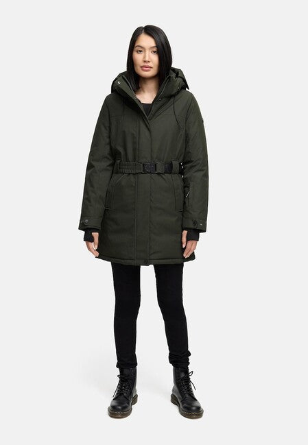 Navahoo FROSTKUSS 14 parka de iarnă pentru femei cu glugă detașabilă și centură, dark olive