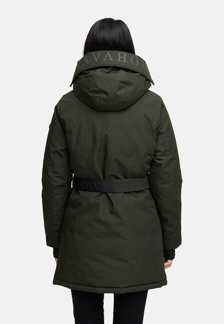 Navahoo FROSTKUSS 14 parka de iarnă pentru femei cu glugă detașabilă și centură, dark olive