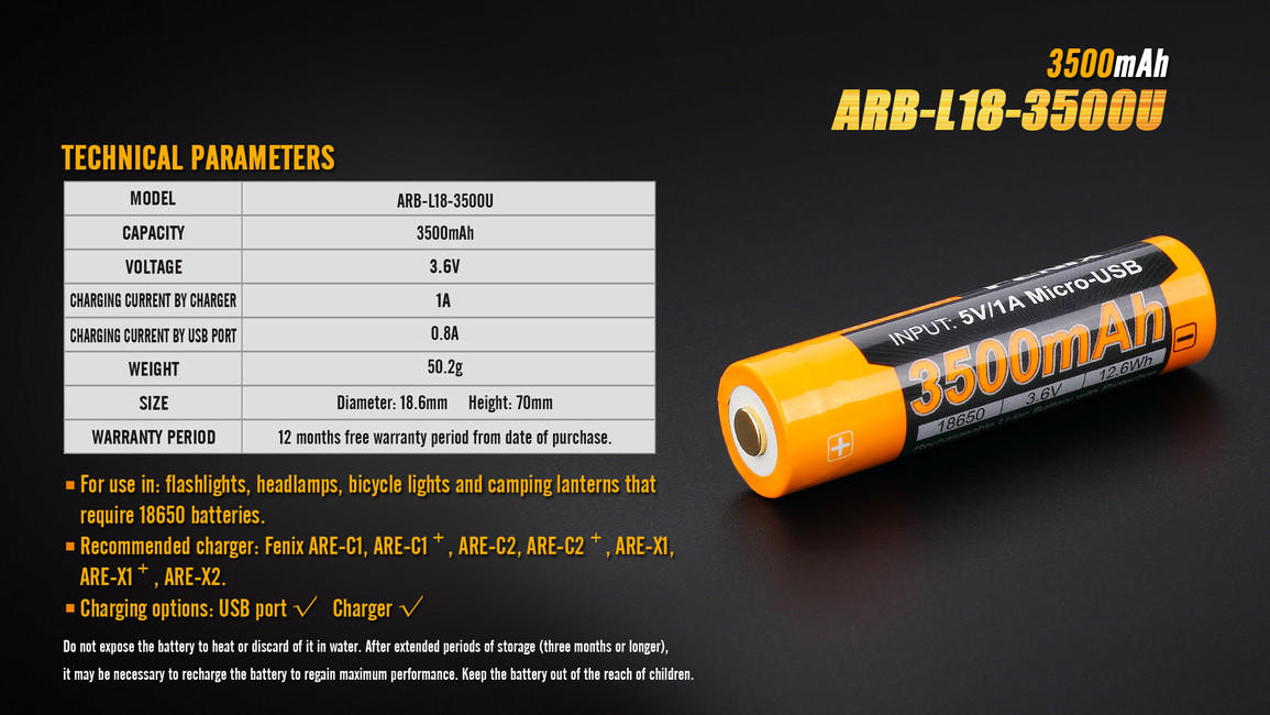 Fenix baterie reîncărcabilă USB 18650 li-ion 3500 mAh