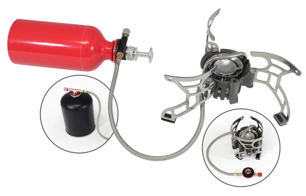 Origin Outdoors Rugged Multifuel arzător de camping compact multifuel cu sticlă de combustibil și set de unelte