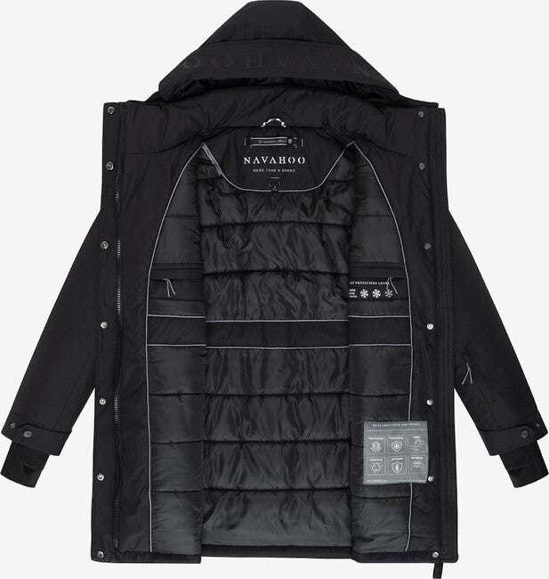 Navahoo FROSTKUSS 14 parka de iarnă pentru femei cu glugă detașabilă și centură, neagră