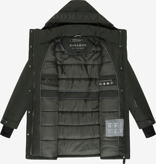 Navahoo FROSTKUSS 14 parka de iarnă pentru femei cu glugă detașabilă și centură, dark olive