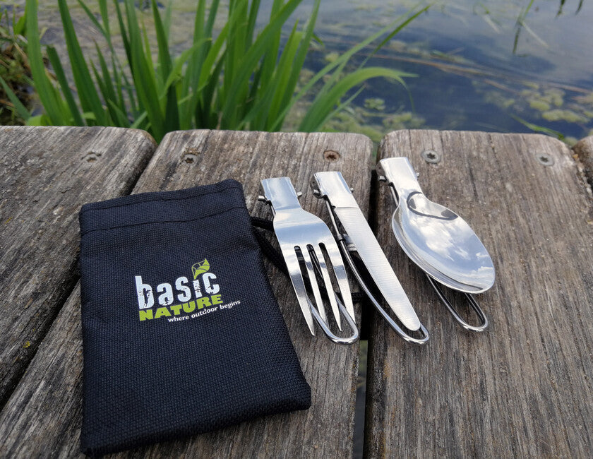 BasicNature MiniTrek set de tacâmuri pliabile din oțel inoxidabil cu geantă din nylon