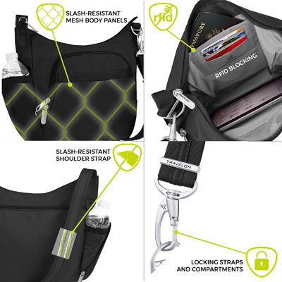 Travelon Classic Lady geantă de umăr anti-furt Crossbody, neagră