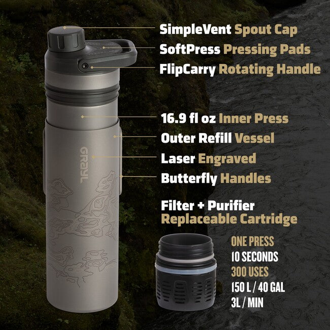 GRAYL UltraPress™ Purifier sticlă de filtrare Titanium, Covert Black
