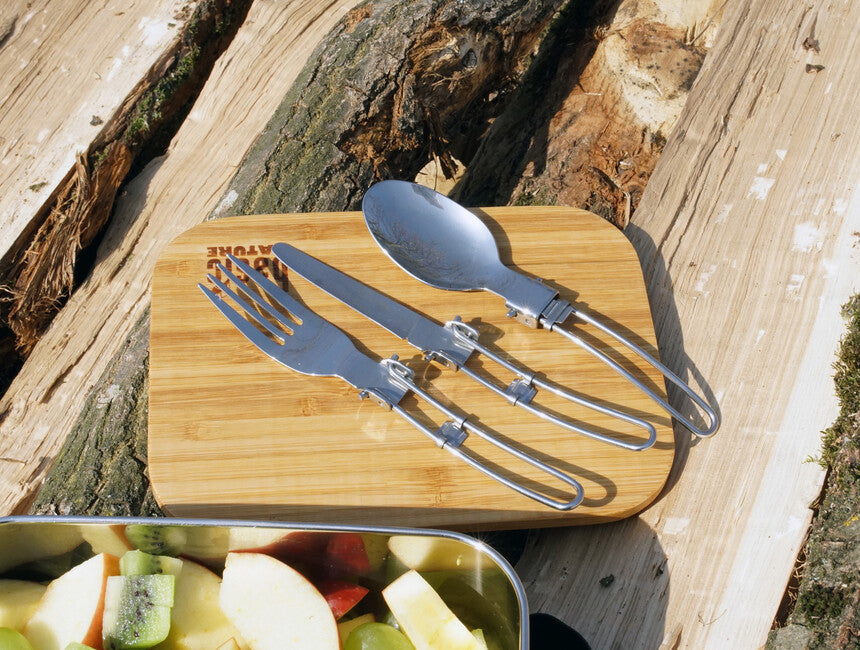 BasicNature MiniTrek set de tacâmuri pliabile din oțel inoxidabil cu geantă din nylon