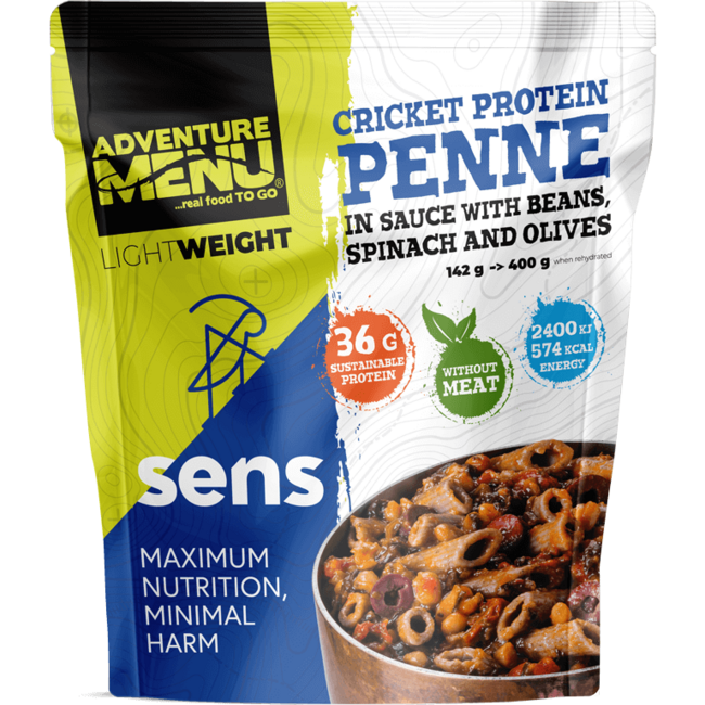 Adventure menu SENS Penne cu gândaci cu proteină în sos cu fasole, spanac și măsline, 400g
