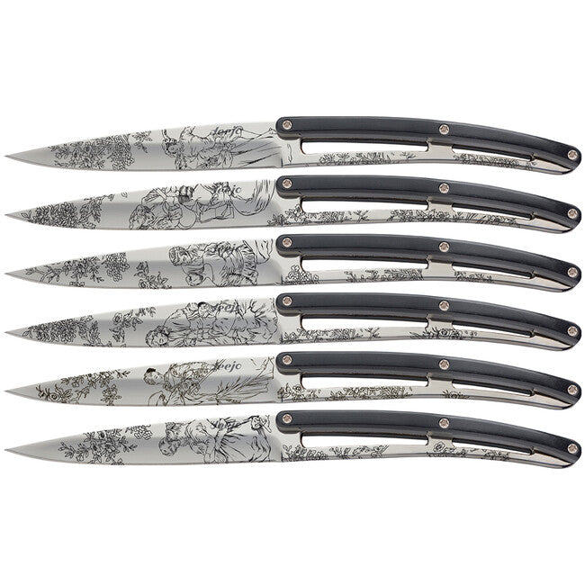 Deejo set 6 cuțite Toile de Jouy lamă lucioasă mâner ABS negru design
