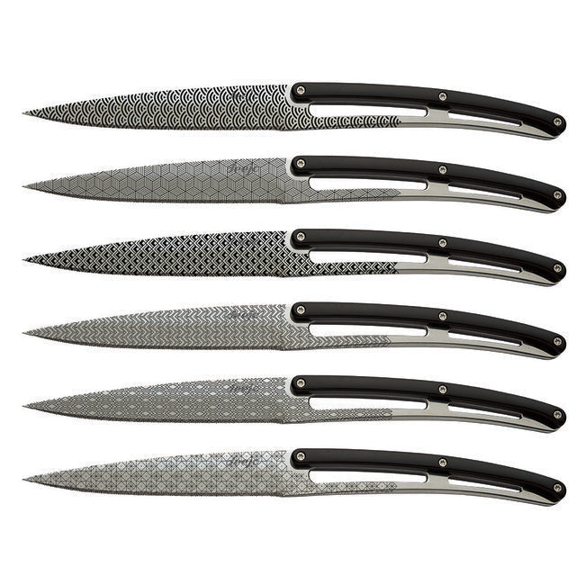 Deejo Geometry set 6 cuțite lamă lucioasă tăiș zimțat mâner ABS negru design