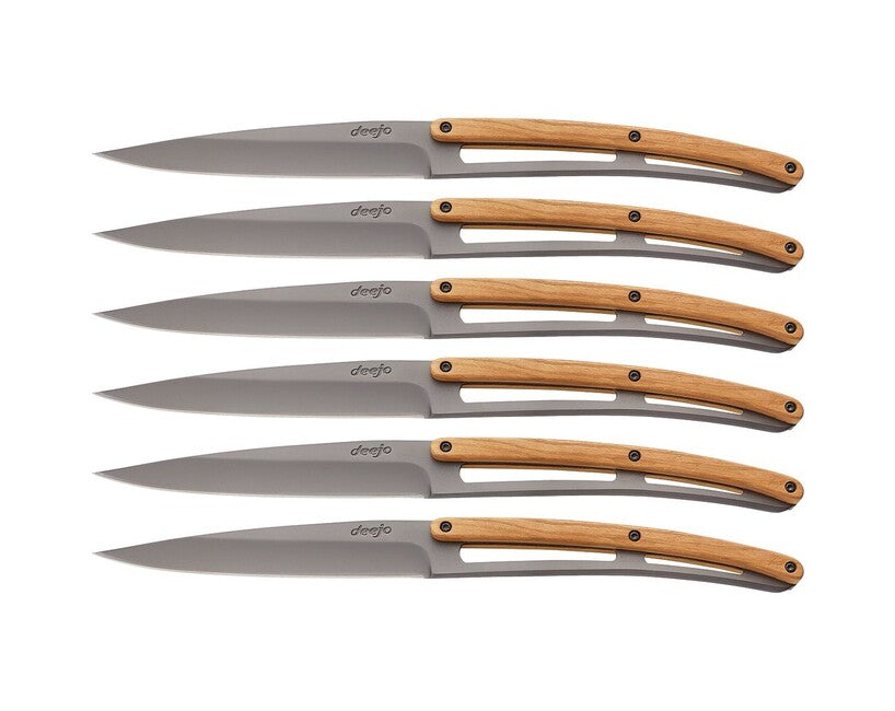 Deejo Table set 6 cuțite, titan gri, lemn de măslin