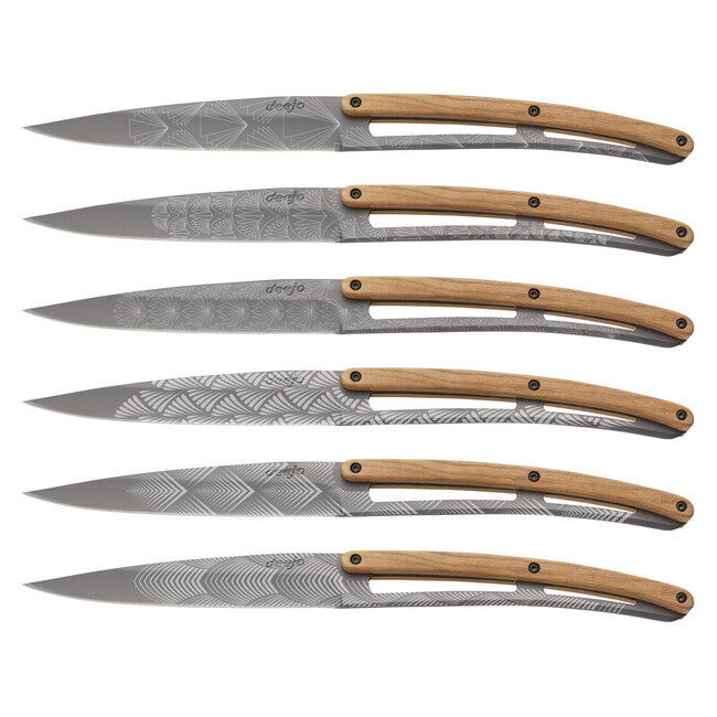 Deejo set 6 cuțite de friptură Art Déco suprafață titan lemn de măslin design