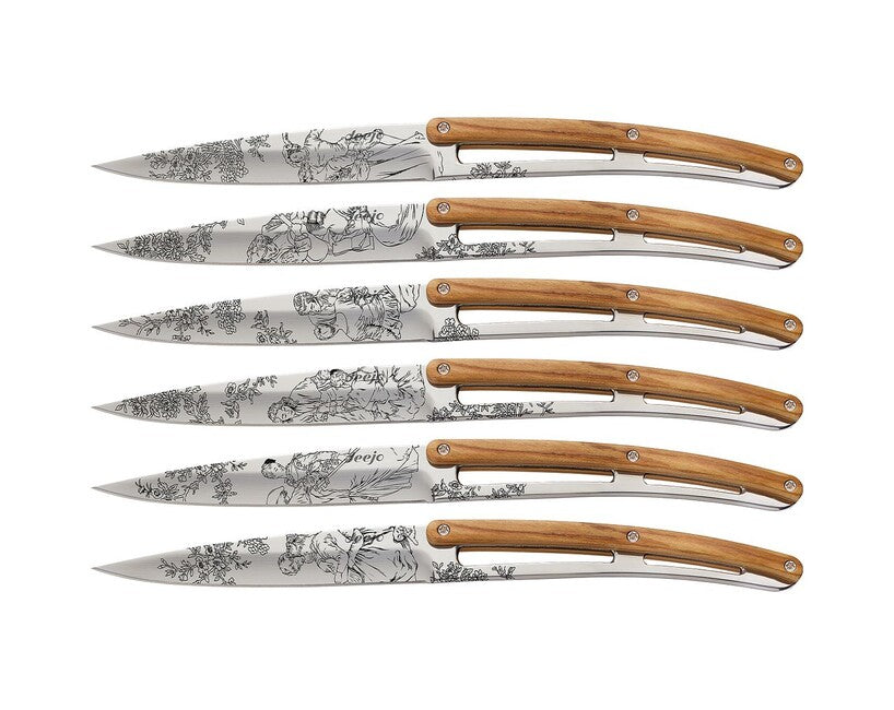Deejo Tattoo set 6 cuțite de friptură Toile de Jouy, suprafață lucioasă lemn de măslin