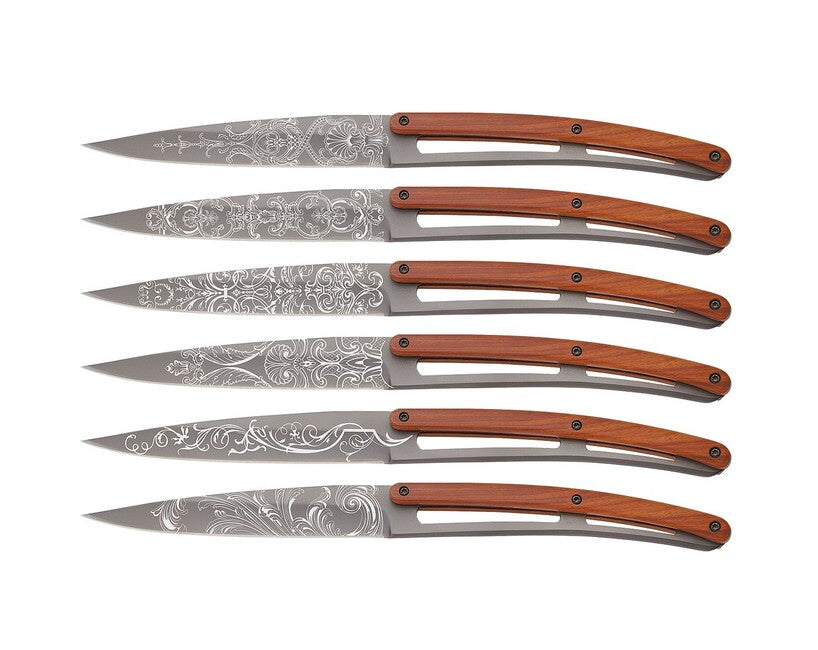 Deejo Tattoo Grand Siecle set cuțite de friptură coralwood suprafață gri deschis