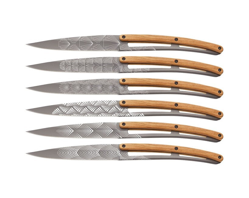 Deejo Tattoo set cuțite de friptură Art Déco design, titan ușor, lemn de măslin
