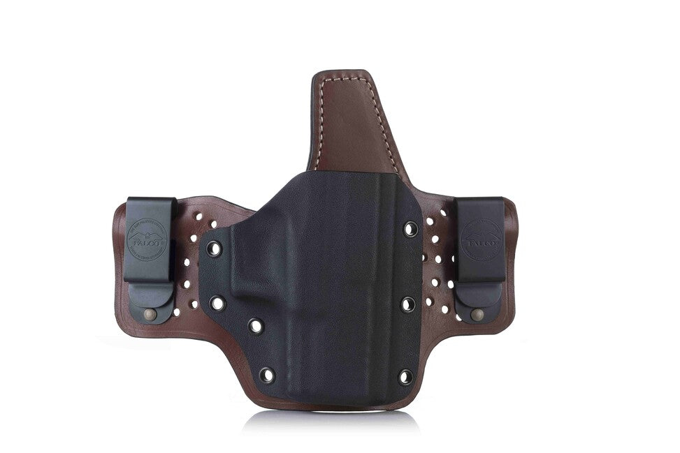 Husă confortabilă Falco kydex Hybrid IWB pentru transport ascuns compatibil cu pistolul Glock 19, maro dreapta