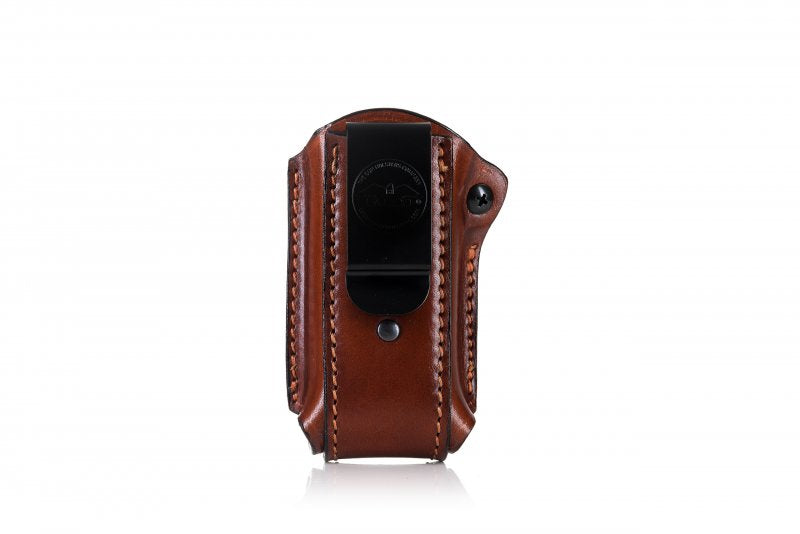 Falco Holster de curea din piele F400 pentru încărcător cu cataramă și șurub de reținere compatibil cu încărcătoarele Glock 17, maro stânga