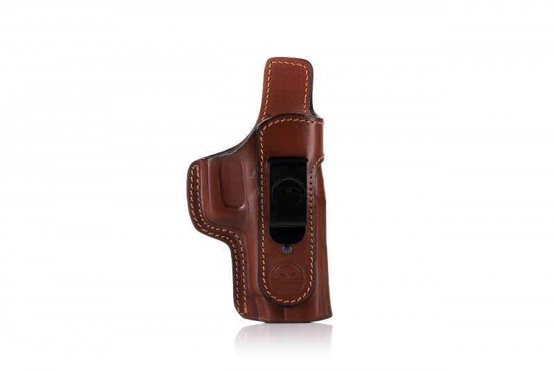 Falco toc deschis din piele pentru purtare în interiorul pantalonilor compatibil cu pistolul Glock 17, maro dreapta
