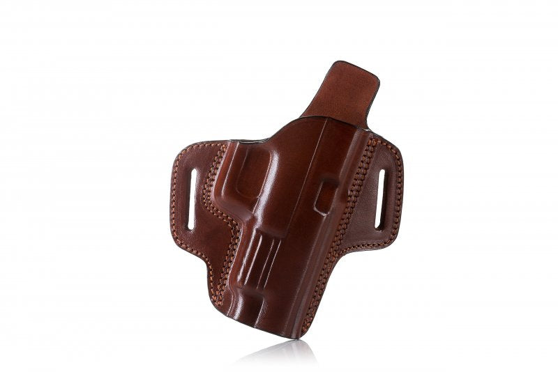 Toc Falco Premium deschis pancake din piele pentru curea compatibil cu pistolul Glock 17, maro dreapta