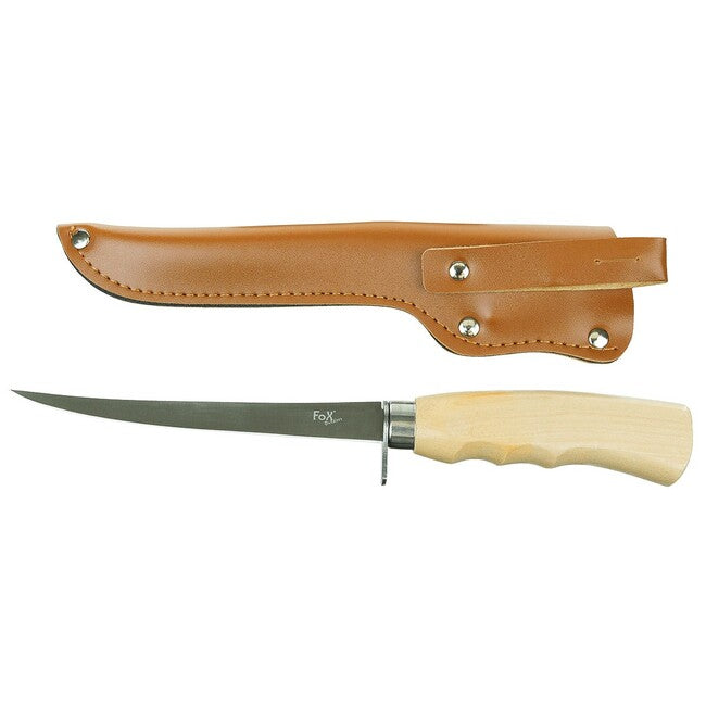 Fox Outdoor Classic cuțit de filetat, mâner din lemn de mesteacăn, cu teacă