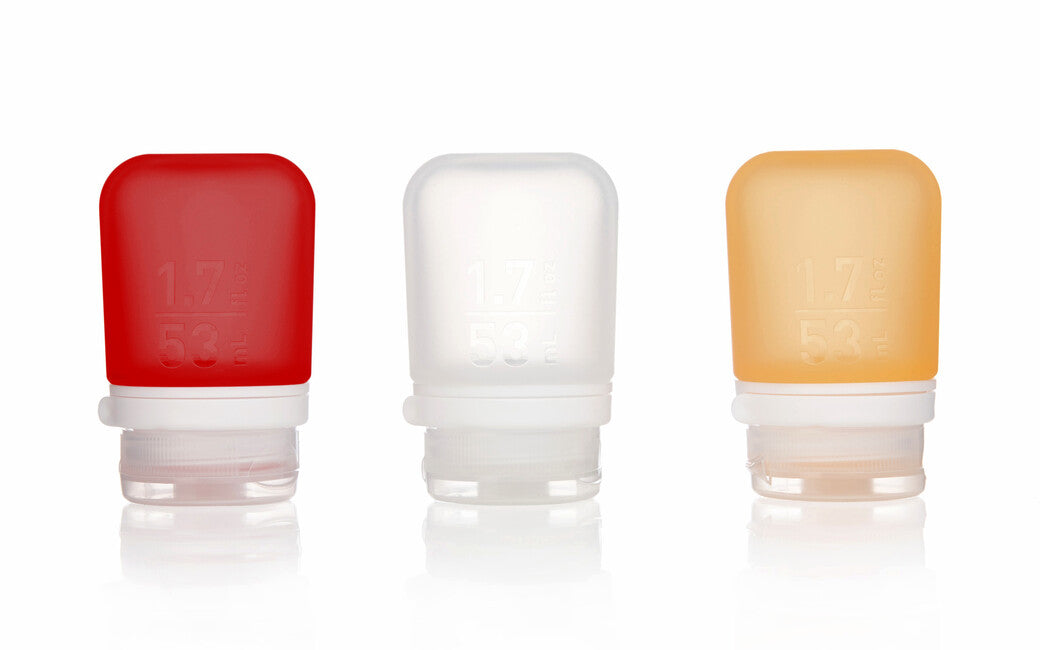 Humangear GoToob+ sticlă de călătorie din silicon, transparent/roșu/portocaliu, set 3 buc 53 ml