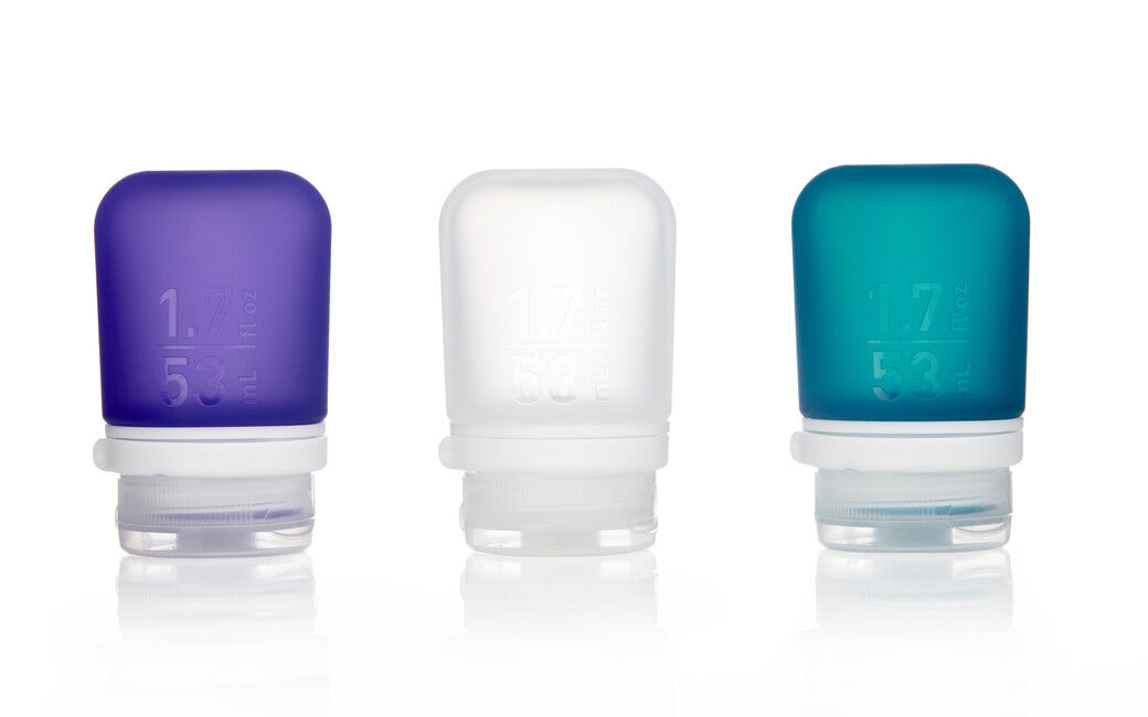 Humangear GoToob+ sticlă de călătorie din silicon, transparent/violet/turcoaz, set 3 buc 53 ml
