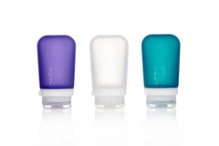 Humangear GoToob+ sticlă de călătorie din silicon, transparent/violet/turcoaz, 74 ml, set 3 buc