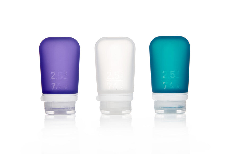Humangear GoToob+ sticlă de călătorie din silicon, transparent/violet/turcoaz, 74 ml, set 3 buc