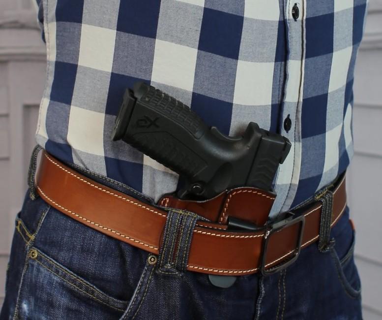 Falco toc deschis din piele pentru purtare în interiorul pantalonilor compatibil cu pistolul Glock 17, maro dreapta