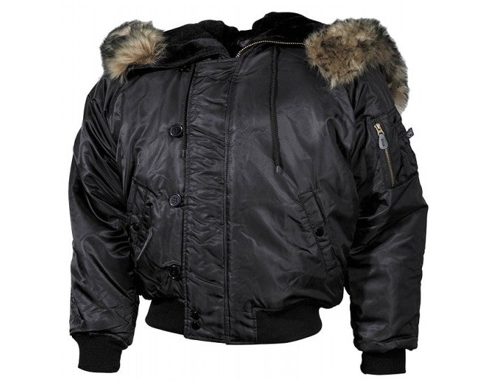 MFH geacă bomber N2B din nylon cu blană, neagră