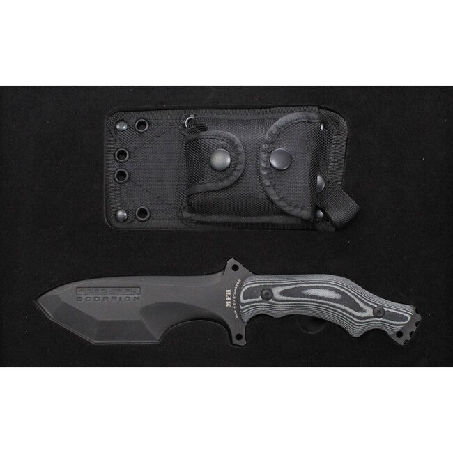 MFH Operation Scorpion cuțit, negru, mâner Micarta, cu teacă