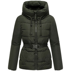 Marikoo HIMEE 16 geacă de iarnă pentru femei cu guler înalt și centură, dark olive