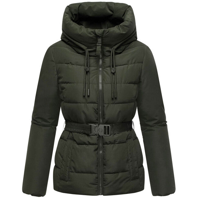 Marikoo HIMEE 16 geacă de iarnă pentru femei cu guler înalt și centură, dark olive