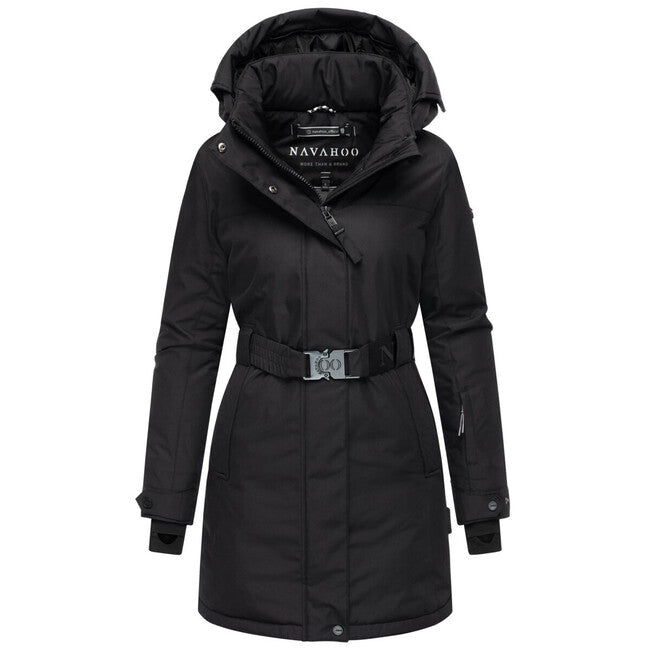 Navahoo FROSTKUSS 14 parka de iarnă pentru femei cu glugă detașabilă și centură, neagră