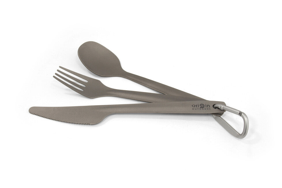 Origin Outdoors Titanium set tacâmuri din titan 3 piese cu carabinieră