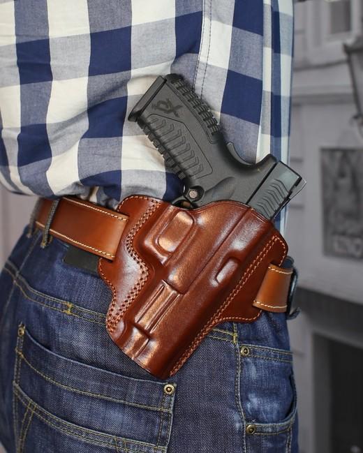 Toc Falco Premium deschis pancake din piele pentru curea compatibil cu pistolul Glock 17, maro dreapta