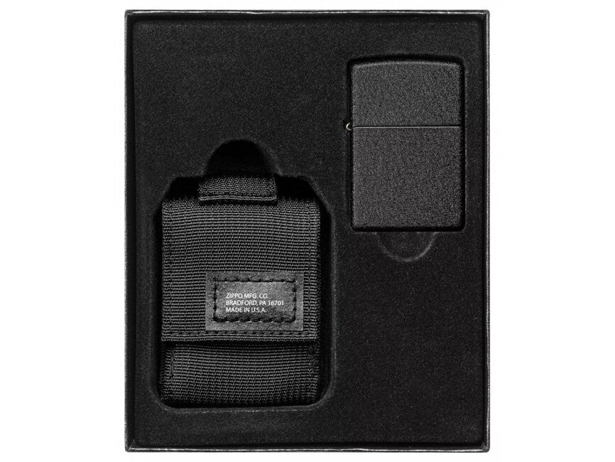 Zippo Black Crackle set husă tactică + brichetă, negru