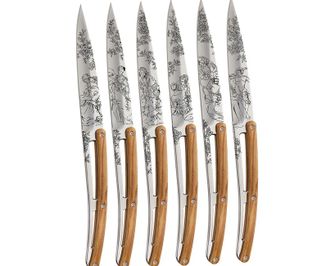 Set cuțite pliabile pentru friptură Deejo Tattoo cu finisaj lucios lemn de măslin Toile de Jouy