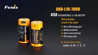 Bateria reîncărcabila USB Fenix RCR123A 700 mAh, Li-Ion