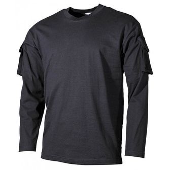 MFH US negru tricou cu mânecă lungă cu buzunare şi bandă velcro pe mâneci, 170g/m2